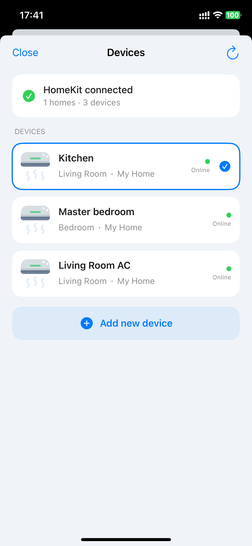 Device list with HomeKit integration